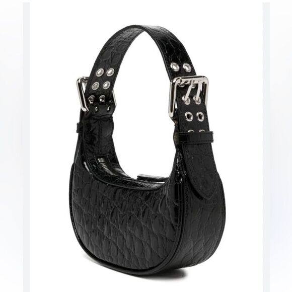 NEW By Far Soho Circular Mini Shoulder Bag Black crocodile purse silver Y2K $570 - Picture 1 of 14